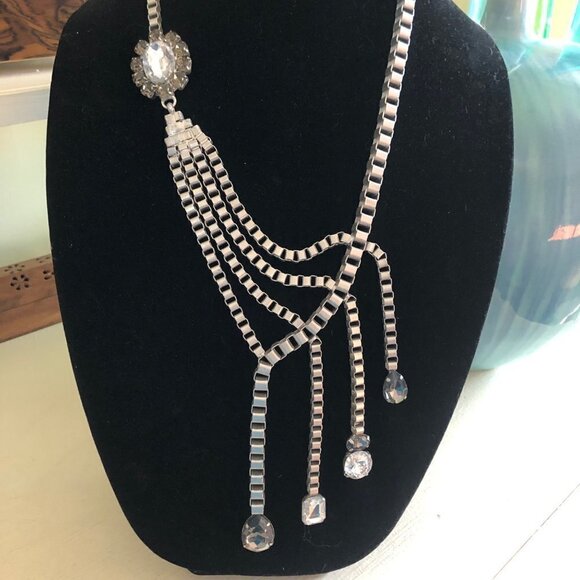 Fashion Jewelry Pewter Necklace Large Dripping Rhinestones 22" to 27" - Picture 2 of 12